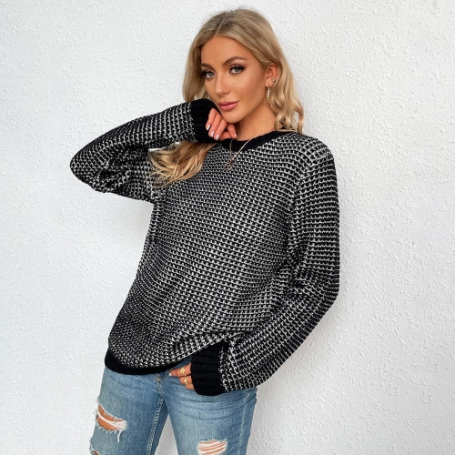 Women's Casual Black White Checkered Knit Sweater Round Neck Long Sleeve Color Block Pullover Top For Daily Office Wear Autumn Winter British Style Fashionable Loose Fitting Polyester Knitwear