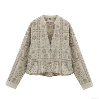 Women's Vintage Sage Green Floral Embroidery Blouse Long Sleeve Cotton Blend Eyelet Hollow Shirt V Neck Single Breasted Casual Ethnic Tops