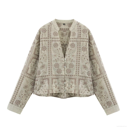 Women's Vintage Sage Green Floral Embroidery Blouse Long Sleeve Cotton Blend Eyelet Hollow Shirt V Neck Single Breasted Casual Ethnic Tops