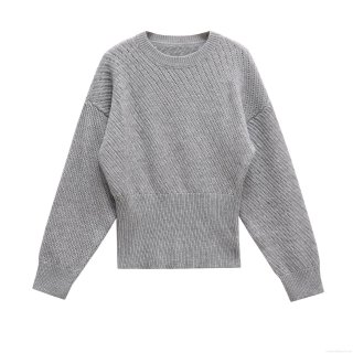 Women's Crew Neck Long Sleeve Knit Sweater 100% Polyester Hollow Diagonal Texture Pullover Top Casual Street Style Loose Fit Ribbed Jumper for Women Autumn Winter Gray
