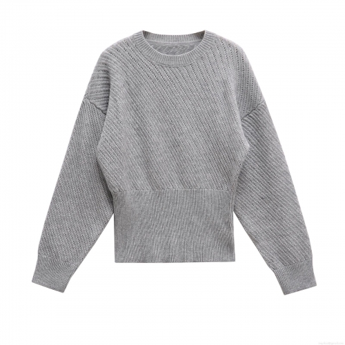 Women's Crew Neck Long Sleeve Knit Sweater 100% Polyester Hollow Diagonal Texture Pullover Top Casual Street Style Loose Fit Ribbed Jumper for Women Autumn Winter Gray