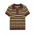 Women's Striped Knit Polo Shirt Short Sleeve Color Block Ribbed T-Shirt American Retro Style Button Down Neck Summer Casual Knitwear Top