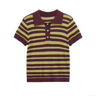 Women's Striped Knit Polo Shirt Short Sleeve Color Block Ribbed T-Shirt American Retro Style Button Down Neck Summer Casual Knitwear Top