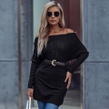 Women's Sexy Off-Shoulder Long Sleeve Knitted Sweater Elegant Mid-Length Solid Boat Neck Pullover Top With Belt For Party Office Streetwear