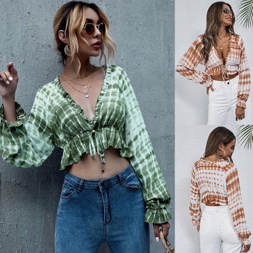 Women's Tie Dye Crop Top Long Sleeve V-Neck Drawstring Ruffle Hem Bohemian Vacation Cotton Blouse Casual Summer Shirt