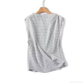 Women's Sleeveless Plaid Blouse Shirt Cotton Blend Slim Fit Round Neck Casual Streetwear Tank Top Summer Fashion Checked Waist Top for Ladies