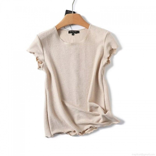 Women's Ribbed Knit T-Shirt Short Sleeve Lettuce Hem Crew Neck Slim Fit Cotton Blend Tee Summer Casual Streetwear Top