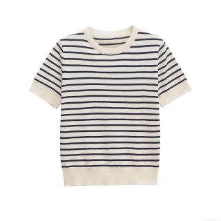 Women's Casual Striped Short Sleeve Knit T-Shirt Crew Neck Mercerized Cotton Blend Top For Summer Streetwear Fashion Daily Wear