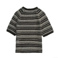 Women's Striped Knit T-Shirt Cotton Blend Hollow Out Crochet Short Sleeve Round Neck Summer Casual Streetwear Top