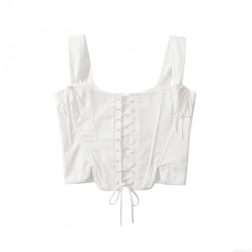 Women's Sexy Corset Tank Top Lace-up Front Slim Fit Fishbone Cami With Bow Shoulder Straps Summer Streetwear White Woven Crop Top