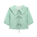 Women's Mint Green Gingham Plaid Blouse 100% Polyester Short Puff Sleeve Peter Pan Collar Triple Bow Tie Summer Casual Shirt Top
