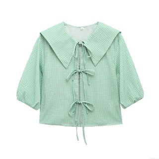 Women's Mint Green Gingham Plaid Blouse 100% Polyester Short Puff Sleeve Peter Pan Collar Triple Bow Tie Summer Casual Shirt Top