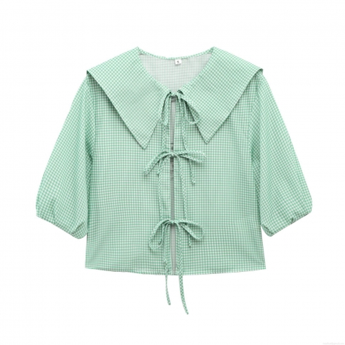 Women's Mint Green Gingham Plaid Blouse 100% Polyester Short Puff Sleeve Peter Pan Collar Triple Bow Tie Summer Casual Shirt Top