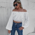Women's Elegant Off Shoulder Lantern Sleeve Blouse Solid Color Long Sleeve Crop Top Polyester Pullover Shirt For Daily Dating Commute