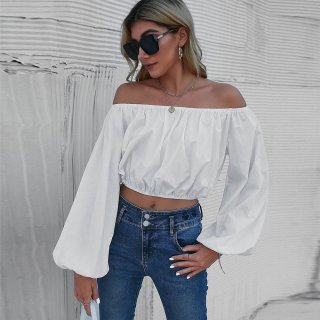 Women's Elegant Off Shoulder Lantern Sleeve Blouse Solid Color Long Sleeve Crop Top Polyester Pullover Shirt For Daily Dating Commute