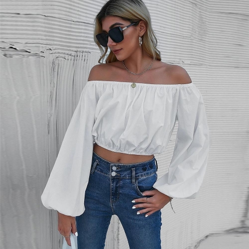 Women's Elegant Off Shoulder Lantern Sleeve Blouse Solid Color Long Sleeve Crop Top Polyester Pullover Shirt For Daily Dating Commute