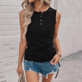 Women's Ribbed Knit Sleeveless Tank Top Elegant Henley Neck Button Front Ruched Side Drawstring T-Shirt Summer Slim Fit Casual Top