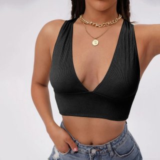 Women's Sexy Deep V Neck Ribbed Knit Crop Top Cross Back Sleeveless Slim Fit Tank Top Solid Color Summer Vest Streetwear For Women