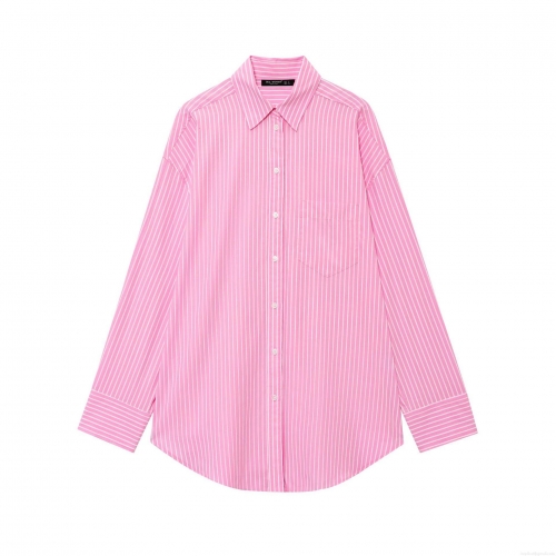Women's Striped Long Sleeve Button Down Shirt Polyester Lapel Blouse With Pocket Casual Loose Western Style Top Streetwear Clothing