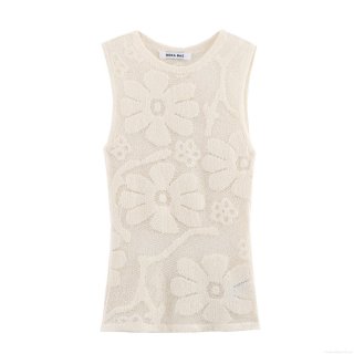 Women's Summer Knitted Sleeveless Tank Top Elegant 3D Floral Relief Hollow Out Round Neck Pullover Streetwear Polyester Casual Tee Top