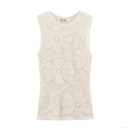 Women's Summer Knitted Sleeveless Tank Top Elegant 3D Floral Relief Hollow Out Round Neck Pullover Streetwear Polyester Casual Tee Top