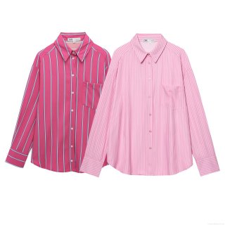 Women's Casual Striped Long Sleeve Shirt Loose Lapel Button Down Blouse With Chest Pocket Polyester Cotton Blend Tops For Streetwear Daily Wear
