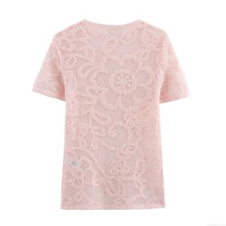Women's Pink Lace Knit T-Shirt Elegant Rose Hollow Out Round Neck Short Sleeve Top For Summer Street Style Ladies Breathable Tee