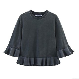 Women's Loose Long Sleeve T-Shirt Washed Dark Grey Cotton Blend Ruffle Patchwork Pullover Top Streetwear Style Casual Wear