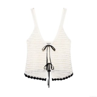 Women's Retro Crochet Knit Cami Top 100% Polyester Contrast Scalloped Trim Bow Tie Front Summer Beachwear Streetwear Casual Vintage Sexy V-Neck Sleeveless Tank Top