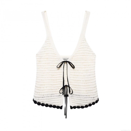 Women's Retro Crochet Knit Cami Top 100% Polyester Contrast Scalloped Trim Bow Tie Front Summer Beachwear Streetwear Casual Vintage Sexy V-Neck Sleeveless Tank Top