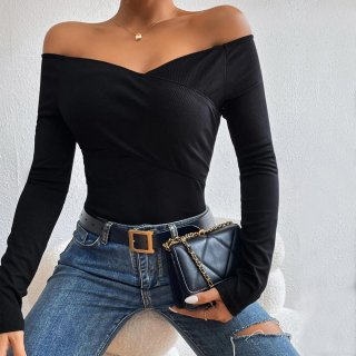 Women's Sexy Off-Shoulder Knit T-Shirt Slim Fit Ribbed Long Sleeve Crossover V-Neck Top For Casual Party Elegant Solid Color Polyester Tee