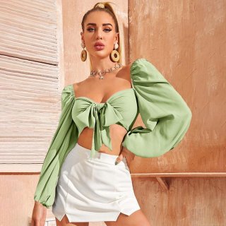 Sexy Women's Puff Sleeve Square Neck Blouse Solid Color Polyester Tie-up Front Bow Ultra Crop Top French Vacation Style Slim Fit Long Sleeve Top For Women
