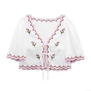 Women's V-Neck Embroidered Blouse 100% Polyester Lace-Up Cropped Top Scalloped Edges Floral Long Sleeve Shirt Bohemian Streetwear Summer Fashion Top