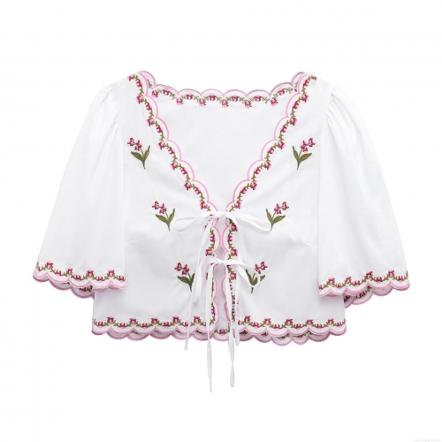 Women's V-Neck Embroidered Blouse 100% Polyester Lace-Up Cropped Top Scalloped Edges Floral Long Sleeve Shirt Bohemian Streetwear Summer Fashion Top