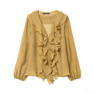 Women's V-Neck Long Sleeve Ruffle Blouse Elegant Solid Polyester Chiffon Shirt Fashion Streetwear Layered Decorative Top For Ladies Spring Summer