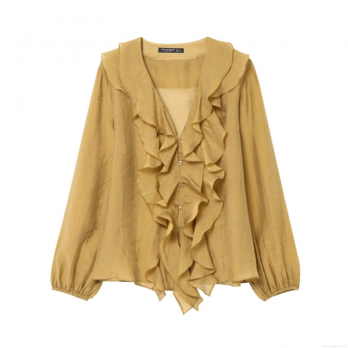 Women's V-Neck Long Sleeve Ruffle Blouse Elegant Solid Polyester Chiffon Shirt Fashion Streetwear Layered Decorative Top For Ladies Spring Summer