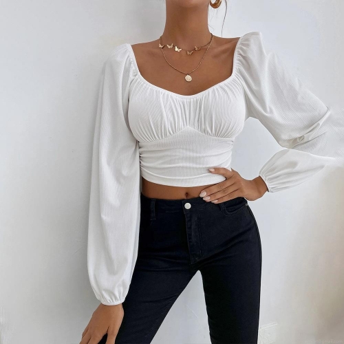 Women's Ruched U Neck Long Sleeve Crop Top Puff Sleeve Ribbed Knit T-Shirt Slim Fit Rayon Polyester Spandex Blouse For Party Vacation