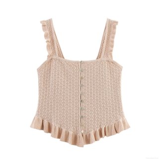 Women's Sexy Knit Button Front Camisole Ruffle Strap Diamond Pattern Crop Tank Top Elegant Sweet Square Neck Slim Fit Sleeveless Knitted Top Summer Streetwear