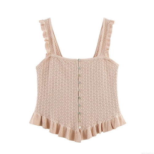 Women's Sexy Knit Button Front Camisole Ruffle Strap Diamond Pattern Crop Tank Top Elegant Sweet Square Neck Slim Fit Sleeveless Knitted Top Summer Streetwear