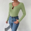 Women's Ribbed Knit Long Sleeve T-Shirt With Cutout Keyhole Neck And Metal Buckle Detail Slim Fit Polyester Spandex Casual Daily Top