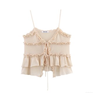 Women's Ruffle Hem Lace-up Camisole Sexy Knitted Tank Top Sweet Summer Spaghetti Strap Crop Top For Women Party Clubwear