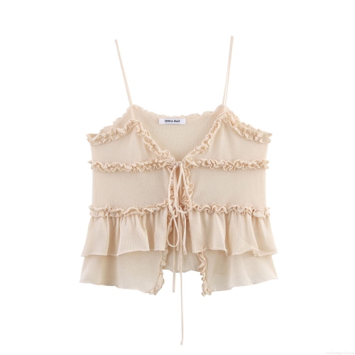 Women's Ruffle Hem Lace-up Camisole Sexy Knitted Tank Top Sweet Summer Spaghetti Strap Crop Top For Women Party Clubwear