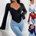 Women's V-Neck Knitted T-Shirt Twist Front Flared Sleeve Irregular Shark-Bite Hem Cotton Polyester Blend Slim Fit Long Sleeve Casual Resort Tops