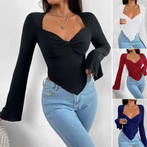 Women's V-Neck Knitted T-Shirt Twist Front Flared Sleeve Irregular Shark-Bite Hem Cotton Polyester Blend Slim Fit Long Sleeve Casual Resort Tops