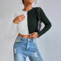 Women's Contrast Color Stitching Waffle Knit Long Sleeve T-Shirt Exposed Seam Round Neck Slim Fit Crop Top Casual Daily Autumn Spring Pullover Tops