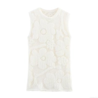 Women Round Neck Sleeveless Knitted Tank Top Hollow Floral Lace Summer Casual Streetwear Polyester Vest T-Shirt Tops