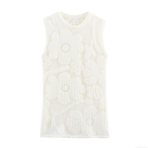 Women Round Neck Sleeveless Knitted Tank Top Hollow Floral Lace Summer Casual Streetwear Polyester Vest T-Shirt Tops