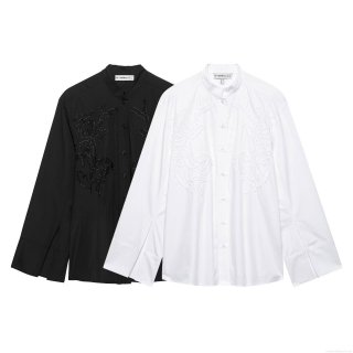 Elegant Women's Stand Collar Blouse 100% Polyester Woven Fabric Floral Embroidery Beadwork Long Sleeve Shirt With Slit Cuffs Single Breasted Tops For Casual Office Streetwear