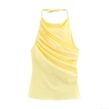 Women Halter Neck Backless Tank Top Sexy Tie-Up Pleated Camisole Solid Color Sleeveless Summer Beach Party Crop Top Vest