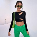 Women's Sexy Cut Out Long Sleeve T-Shirt Slim Fit Hollow Out Cropped Top Y2K Streetwear Fashion Polyester Cotton Spandex Blend Casual Top for Women